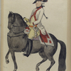 Man with sword and a red colored uniform riding on a horseback