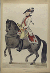 Man with sword and a red colored uniform riding on a horseback