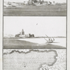 a. Le Chateau de Bokkier, vu du côté du Nord; b. Vue du côté l'Orient meridional; c. Plan du Chateau avec son Port.