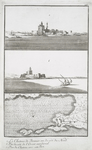 a. Le Chateau de Bokkier, vu du côté du Nord; b. Vue du côté l'Orient meridional; c. Plan du Chateau avec son Port.