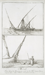 Merkeb. Fig. 1. Sorte de Barques, qui vont sur le Nil, depuis Essenay jusqu'au Caire; Fig. 2. Manière de les pousser à l'eau.