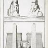 Fig. 1. Les deux Colosses (b. en particulier); Fig. 2. Vue du Portail principal des antiquités de Luxxor [Luxor] (a.Obélisques, b. Colosses,  c. Portail, d. Partie d'un portique, e. Grande colonade.)
