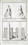 Fig. 1. Les deux Colosses (b. en particulier); Fig. 2. Vue du Portail principal des antiquités de Luxxor [Luxor] (a.Obélisques, b. Colosses,  c. Portail, d. Partie d'un portique, e. Grande colonade.)