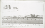 Vue de ville d'Edfu, avec ses antiquités magnifiques, que les Arabes d'à présent ont converties en colombiers. (a. Entrée principale du Temple d'Apollon, b. Ruines du temple, c. Petits canaux, d. Dessein particulier du temple et de son portail.)