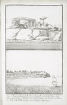 Fig. 1. a. Représentation de la pierre à la quelle selon la tradition étoit attachée une chaîne pour fermer le Nil, b. Masse de granit pleine de hiéroglyphes, c. Petites chapelles, d. Rochers de granit; Fig. 2. Vue de la ville d'Esnay, dans l'Égypte Supérieure.