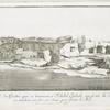 Vue générale des grottes, qui se trouvent à Tschibel Esselsele, vis-à-vis la pierre à la quelle on attachoit autrefois une chaîne, pour fermer de Nil. (a. Grotte ou il y a quatre statues assises).
