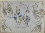 Fahnen des Garde Regiments 1740-1788: v. Stuerler Regiment Hirzel. Revise concordia respararae Crescuno. der Compagnien. - der Comp. des Princes. v.Stokar Regiment v. Schm.... Revise L'Union fait notre force. de Bouquet. Revise L'Union fait notre force