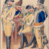 Four officiers in uniforms around a table,socializing, smoking pipes and eating