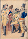 Four officiers in uniforms around a table,socializing, smoking pipes and eating