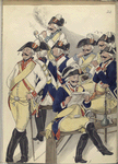 Eight officiers around a table, socializing, reading, smoking a pipe. They are numbered from 1 to 6 as they wear six different uniforms