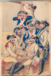 Officiers around a table, socializing, playing cards, smoking