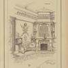 Fumoir : cheminée en pierre avec motif central en céramique lambris, siège petites vitrines, couronnement de la cheminée en bois de poirier teinté