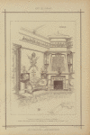 Fumoir : cheminée en pierre avec motif central en céramique lambris, siège petites vitrines, couronnement de la cheminée en bois de poirier teinté