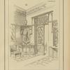 Vestibule : porte vitrée en bois de chêne teinté, avec pentures en fer forgé couronnement de porte et lambris en bois de poirier teinté