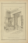 Vestibule : porte vitrée en bois de chêne teinté, avec pentures en fer forgé couronnement de porte et lambris en bois de poirier teinté