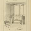 Salle de bain : baignoire sur fond marbre, petite galerie à jour peuilles du paravent avec panneaux à grillage doré, siège canné à coussin