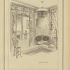 Petit salon : porte vitrée et meubles en bois de sycomore teinté guirlandes de fleurs au naturel. - Jardinière en grès. Tête-à-tête à dossier, canne et coussin d'étoffe