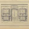 Salle à manger : buffets-dressoirs en bois de sycomore teinté, dessus marbre porte et lambris en pitch-pin, fond papier, peint verdure