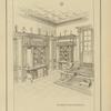 Bureau-bibliothèque : meubles en bois d'acajou frisé avec ferrures en cuivre doré. Bureau à dessus de cuir frappé. - Lambris et portes acajou.