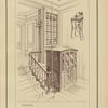 Vestibule : cabine d'ascenseur en bois d'acajou et parties cuivre. Rampe en fer forgé et acajou. Petite table fantasie en bois de sycomore.