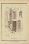 Vestibule : cabine d'ascenseur en bois d'acajou et parties cuivre. Rampe en fer forgé et acajou. Petite table fantasie en bois de sycomore.