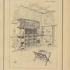 Bibliothèque : bibliothèque, porte-cartons et sièges en bois de cèdre lambris et porte en bois d'acajou frisé. Serrures cuivre poli