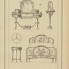 1. Table à coiffer en bois de cèdre; 2. petite console d'angle en bois doré; 3. guéridon bois d'acajou et bronze; 4. lit bois de cintronnier et marqueterie sur fond satiné