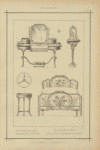 1. Table à coiffer en bois de cèdre; 2. petite console d'angle en bois doré; 3. guéridon bois d'acajou et bronze; 4. lit bois de cintronnier et marqueterie sur fond satiné
