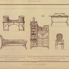 1. Petit bureau en bois de noyer à tirettes et casiers par cotés; 2. chaise longue en bois de cèdre; 3. cabinet en bois de sycomore, appliques, ferrures et grillage cuivre doré, panneaux marqueterie; 4. table à thé en bois de citronnier. Centure feuillage dorés et ajourés; 5. fauteuil bois doré à coussin et dossier canné