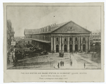 The old Boston and Maine Station in Haymarket Square, Boston. Built in 1845, torn down in 1897. From a photograph made about 1865.