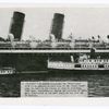 SS President, in action along the 'Mauretania' with fifty sailors on each side of the liner, dropping the mail in the chutes as fast as possible. 7500 bags, approximately eleven 60' carloads of mail, were transferred to the mail boats in one hour and 28 minutes.