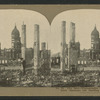 City Hall, Photographer in foreground. Tall brick chimneys left standing.