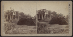 View of a house with no roof and downed trees around.