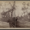 View of horse-carts moving along the street with collapsed houses and downed trees.