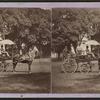 Horse drawn coach, driver shaded with an umbrella.