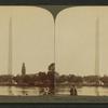 Washington Monument (555 ft. high) from N.W.) across one of the Fish Ponds, Washington, U.S.A..