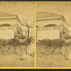 View of a donkey pulling a covered car near a market building in Tallahassee.