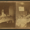 Table set with a wedding cake and fruits, Victor, Iowa.