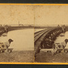 Railroad bridge with a dog in the foreground.