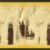 A boy standing inside a frozen fountain, Chicopee Falls.