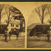 View of a salesman(?) from the Excelsior straw Works in Medfield, holding a stack of hats and standing next to his wagon.