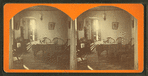 Interior of a residence showing chairs, table, pictures, and overhead light.
