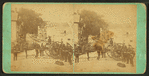 Fire fighting equipment, hose cart and men in uniform.