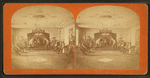 Interior of Odd Fellows' new hall, including murals and painted ceilings.