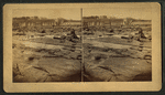 Connecticut River Dam at low water, boys posing on rocks in foreground.