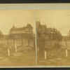 View of men standing in front of cottages, Sea View House in background.