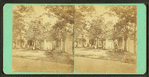 People in front of cottages.