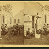 View of men and a child in a yard with a wood carving of a woman holding a pole topped with a weathervane.