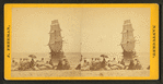 View of the wreck of the "Minmanuett," showing spectators sitting on bags of coffee (its cargo) on the shore.