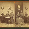 Studio portrait of family, father wearing patterned jacket.